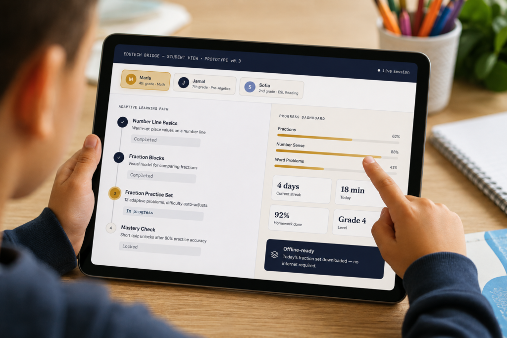 A student using the EduTech Bridge learning platform